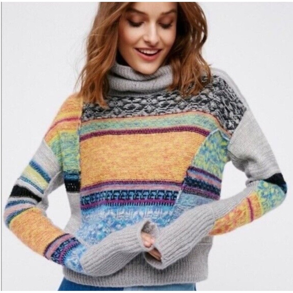 Free People Patchwork Fair Isle Turtleneck Sweater Grey Multi Color Small